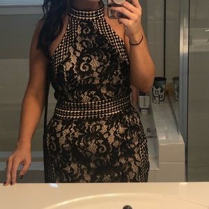 black lace crochet high neck midi dress